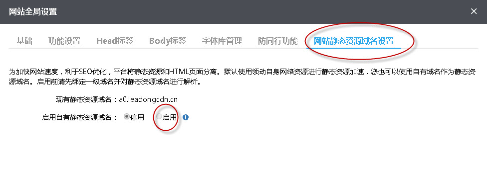 啟用網站靜態資源域名設置
